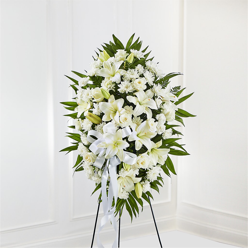 Exquisite Tribute Standing Spray-White Ribbon – 175 MERCANTILE FLORAL & GIFT, Lake City IA
